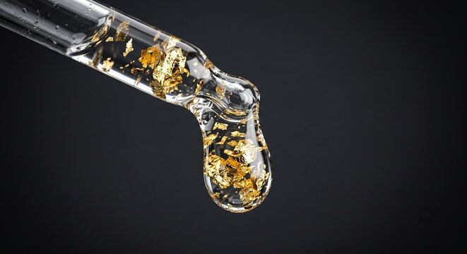 Glass cosmetic pipette dropper with liquid anti aging serum and 24k gold flakes