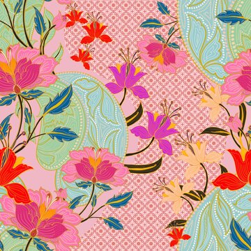 Hand drawn colorful batik floral seamless pattern with ornamental flowers and leaves in a modern decorative style.