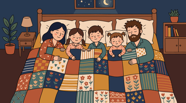 A family of four snuggles together in bed.