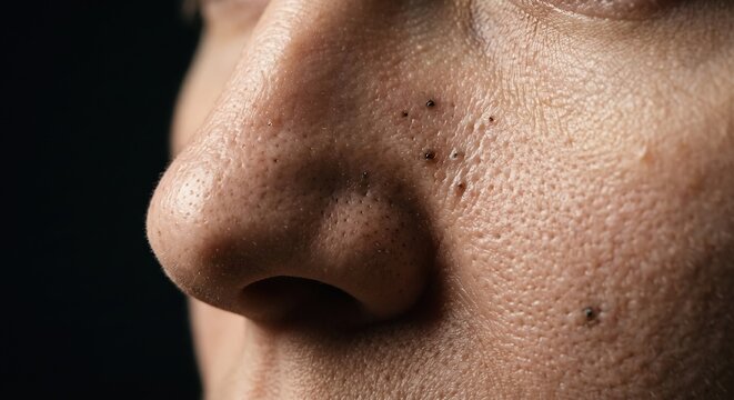 Close up of male nose skin with severe blackheads and open enlarged pores