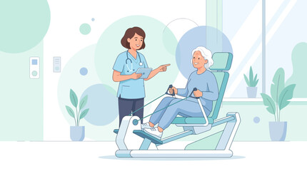 Obraz premium Nurse assisting elderly woman with rehabilitation exercise machine in clinic