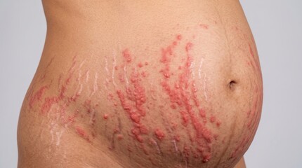 Fototapeta premium Lateral view of pregnant woman belly with red pruritic urticarial papules and stretch marks