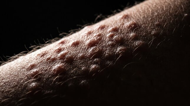 Close up of forearm skin affected by keratosis pilaris with numerous tiny bumpy papules