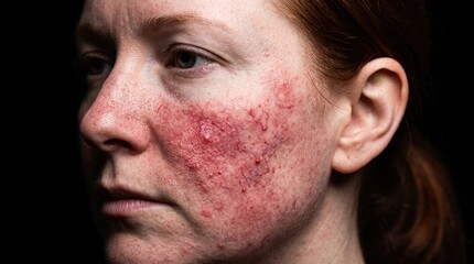 Naklejka premium Close up of female face with severe vascular redness and papules from rosacea flare up