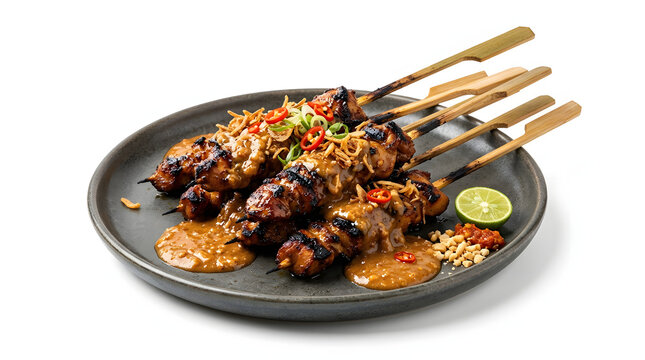Grilled chicken satay skewers served with rich peanut sauce, crispy shallots, and fresh lime.