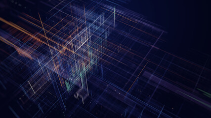 Abstract digital grid with glowing data lines and geometric structures, representing artificial intelligence, big data, cloud computing, digital infrastructure, data processing, and future technology.