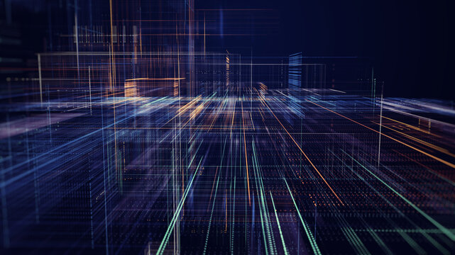 Abstract digital grid with glowing data lines and geometric structures, representing artificial intelligence, big data, cloud computing, digital infrastructure, data processing, and future technology.