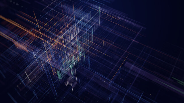 Abstract digital grid with glowing data lines and geometric structures, representing artificial intelligence, big data, cloud computing, digital infrastructure, data processing, and future technology.