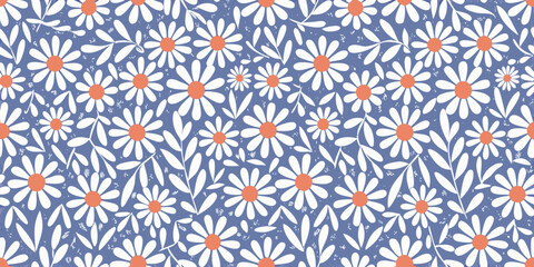 Daisy floral pattern with orange centers on a blue background © Amrita
