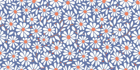 Daisy floral pattern with orange centers on a blue background © Amrita