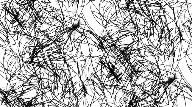 Abstract black and white chaotic scribble texture background with random hand drawn lines