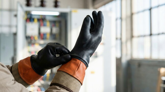 Electrical technician adjusting protective gloves near control panel, ensuring workplace safety.