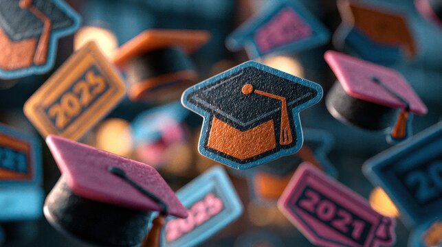 Close-up of colorful graduation cap-shaped chocolates with years 2021 and 2025, symbolizing academic achievement and celebration.