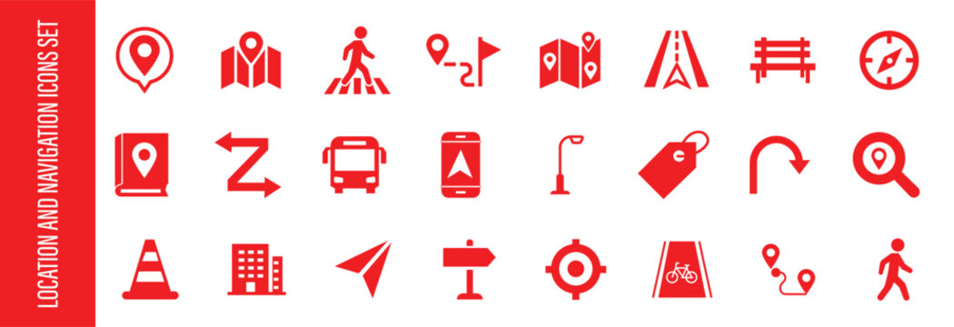 Navigation and location icons set. Navigation, location, route map, traffic, pin, collection. Editable stroke. Vector illustration. eps 10