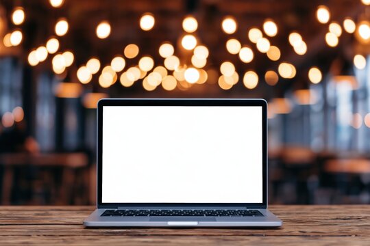 Laptop computer mockup with blank screen on a rustic wooden table in cozy cafe