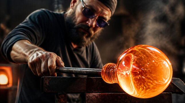A Dramatic Close-Up Shot of a Master Artisan Shaping a Glowing Semi-Molten Glass
