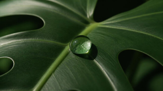 A Minimalist Botanical Macro Shot of a Perfect Heavy Water Droplet Sitting on a Monstera Leaf