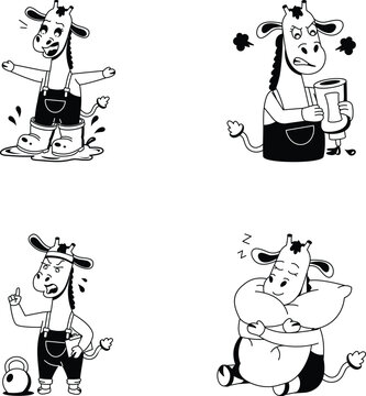 Small collection of giraffe icons showing weather gear, repair tools, thinking, sleeping expressions in cartoon vector glyph style. 
