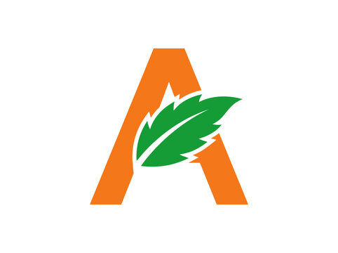 Modern orange letter A logo with green leaf