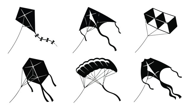 Six kites flying high. Various kite designs and shapes. Kite silhouettes collection
