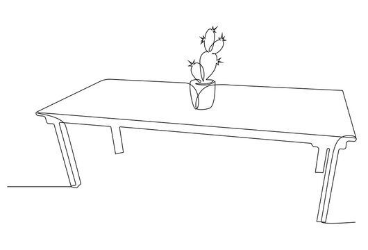 Continuous line art of a minimalist table with a small cactus pot on top.
