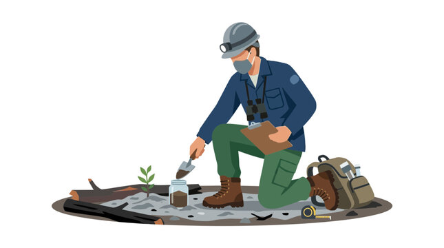 Geologist or Environmental Scientist Collecting Soil Samples in Field