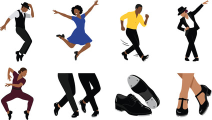 Vintage Swing and Tap Dancer Character Set Featuring Energetic Performers in Retro Costumes, Rhythmic Footwork Steps, and Professional Black Tap Shoes Vector Illustration © MinnatunAkter