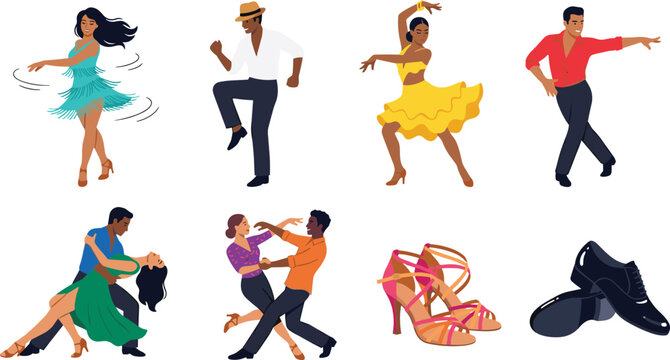 Energetic Latin Dance Character Set Featuring Solo Dancers and Couples Performing Salsa, Bachata, and Tango Routines with Professional Ballroom Shoes Vector Illustration