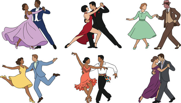 Elegant Ballroom and Partner Dance Character Set Featuring Couples Performing Waltz, Tango, Salsa, Swing, and Slow Dance routines for Romantic Event Vector Designs