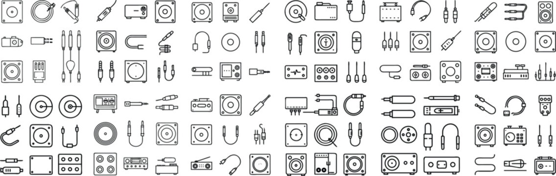 A collection of minimalist icons representing various audio equipment, cables, and connectors, presented in a clean, organized grid.