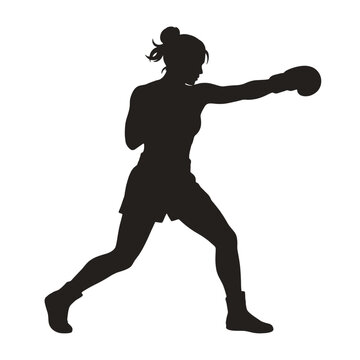 Dynamic silhouette of a female boxer throwing a powerful punch in athletic stance, bold black and white vector illustration