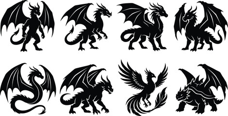 Fototapeta premium Fantasy Dragon Silhouette Collection with Flying Winged Creature and Mythical Phoenix Vector Set