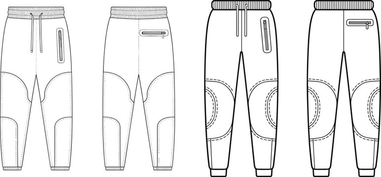 Men jogger pants sweatpants technical flat sketch vector template with knee patches front and back views fashion apparel mockup