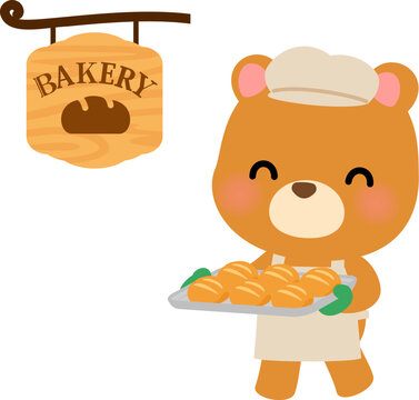 パンを乗せた天板を持つパン屋店員のクマのキャラクター