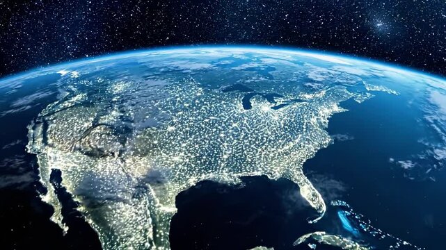 A nighttime view of the Earth from space, showcasing North and Central America with city lights illuminating the landscape