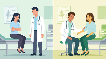 Obraz premium Doctor-Patient Consultation: Sadness to Relief, Medical Care Illustration