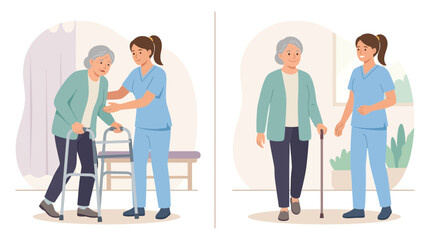 Fototapeta premium Elderly Care: Nurse Assists Senior Woman with Walker and Cane