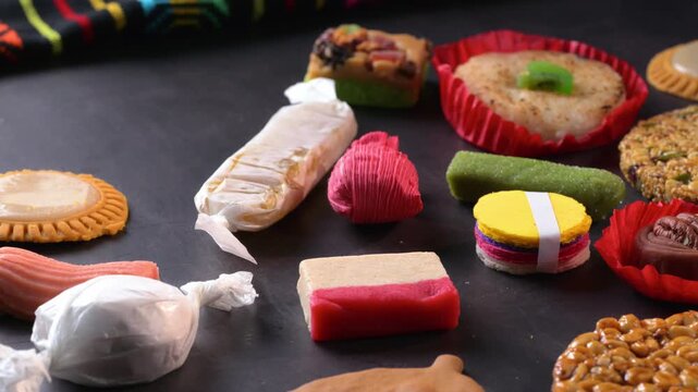 Close-up of typical Mexican sweets, colorful desserts on the table