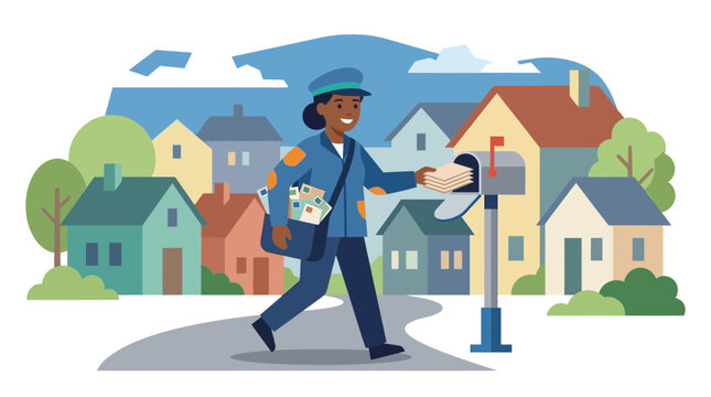 Female Mail Carrier Delivering Letters in Residential Neighborhood Illustration