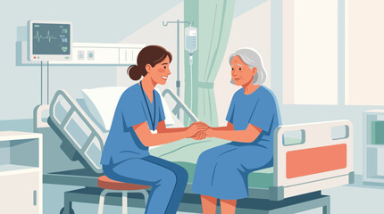 Fototapeta premium Nurse comforted elderly woman patient in hospital bed, holding hands