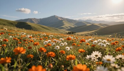 Fototapeta premium Mountain Meadow Wildflowers at Sunset