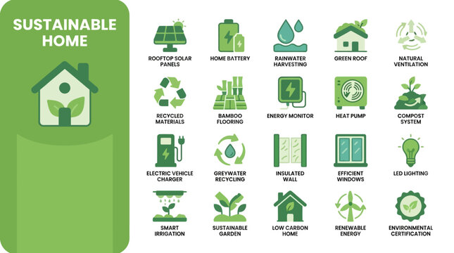 Green Energy and Sustainable Living Home Efficiency Icon Set Collection