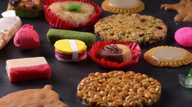 Selection of traditional handmade Latin American sweets on dark table