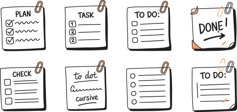 Doodle checklist vector set, hand drawn to do task list with check marks and memo page elements in sketch style for productivity planners, business, office, and reminder illustrations.