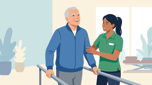 Senior Man Walking with Physical Therapist - Rehabilitation and Recovery