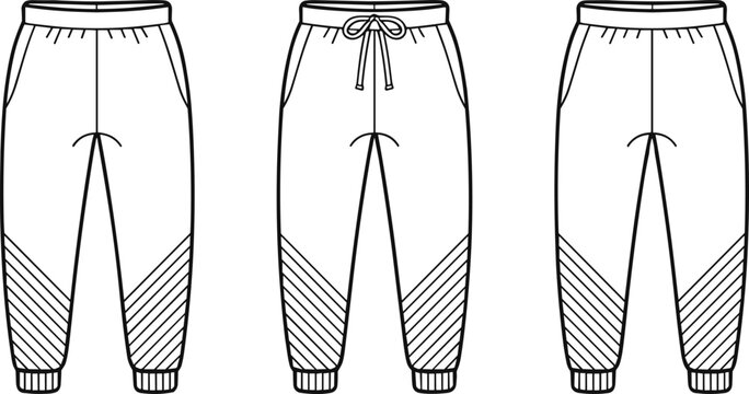 Jogger pants sweatpants technical flat sketch vector template with diagonal striped leg paneling details fashion design mockup