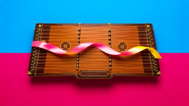 A minimalist top-down photo of a traditional Thai Khim hammered dulcimer on a split blue and magenta background, featuring a glossy pink-and-yellow gradient ribbon twisting across its strings.