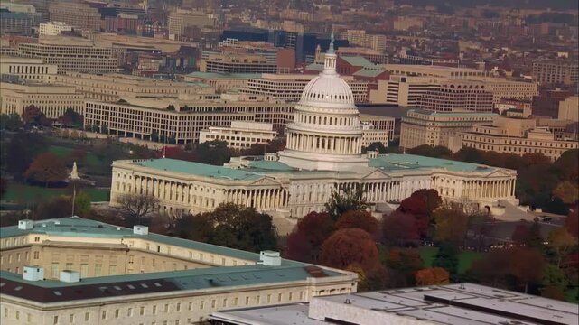 Aerial View of the United States Capitol Building and Washington DC Skyline at Sunset
