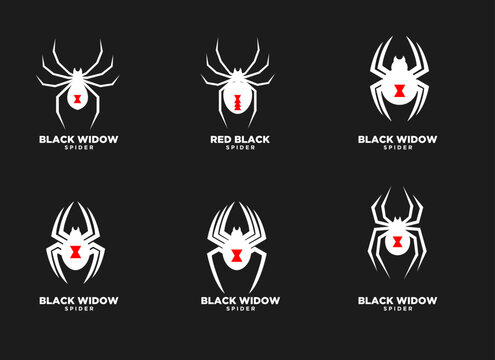 Black Widow Spider Logo Design Set with Red Hourglass Symbol on Black Background, Collection of Six Vector Spider Icons