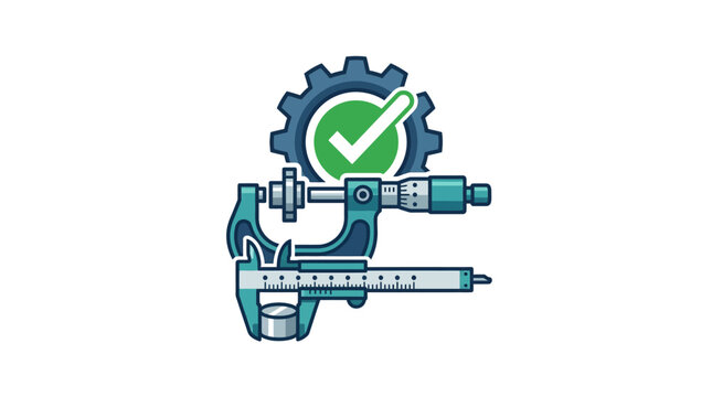 Precision measurement tools including a micrometer and caliper with a gear and checkmark icon.